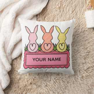 Retro Stitched Easter Bunny Trio Custom Text Banne Throw Pillow