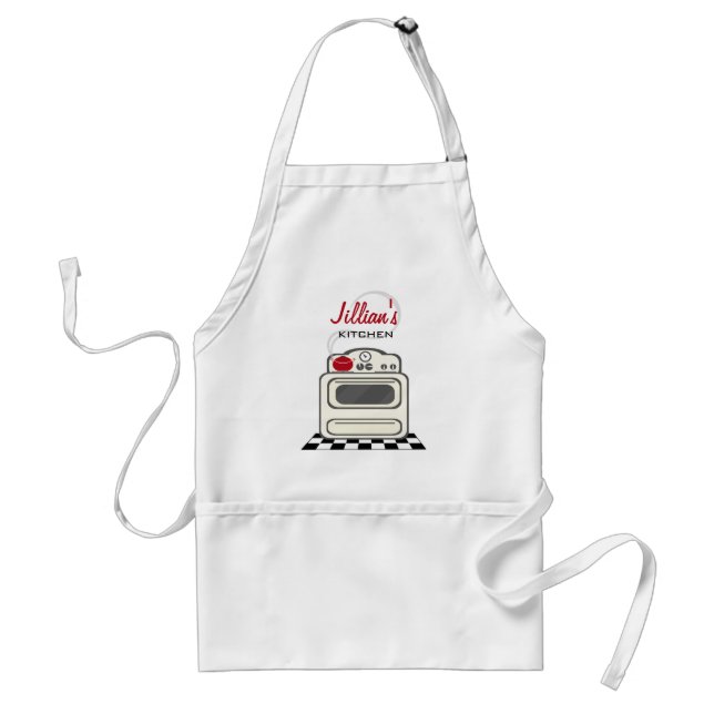 Retro Stove / Modern Red Kitchen Personalized Adult Apron (Front)