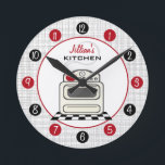 Retro Stove Red & Black Kitchen Clock<br><div class="desc">A clock featuring an illustration of a retro white kitchen stove.  Personalize with your name above illustration.  Clock features white numbers on red and black dots.</div>