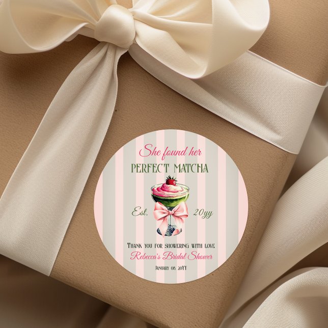Retro Strawb Perfect Matcha Pink Bow Bridal Shower Classic Round Sticker (Creator Uploaded)