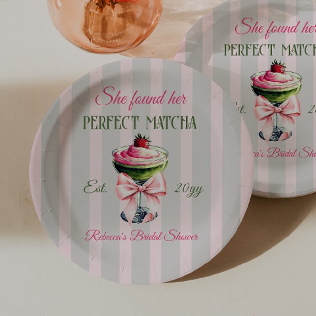 Retro Strawb Perfect Matcha Pink Bow Bridal Shower Paper Plates (Creator Uploaded)