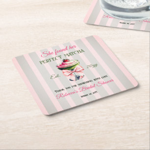 Retro Strawb Perfect Matcha Pink Bow Bridal Shower Square Paper Coaster