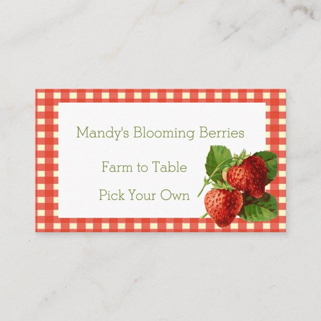 Retro Strawberry and Gingham Check Business Card (Front)