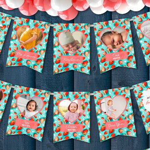 Retro Strawberry Berry First Birthday 12 Photo Bunting Flags
