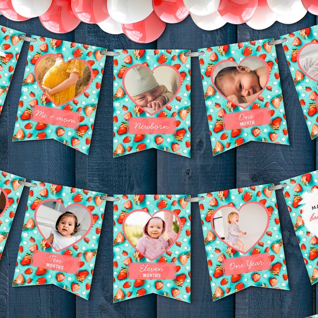 Retro Strawberry Berry First Birthday 12 Photo Bunting Flags (Creator Uploaded)