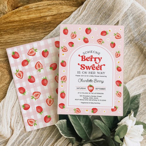 Retro Strawberry Berry Sweet Baby Girl Shower Invitation
