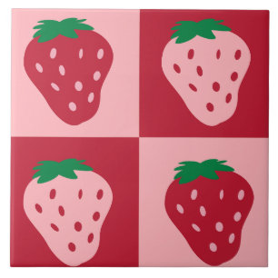Retro Strawberry Checkerboard Pattern Ceramic Tile