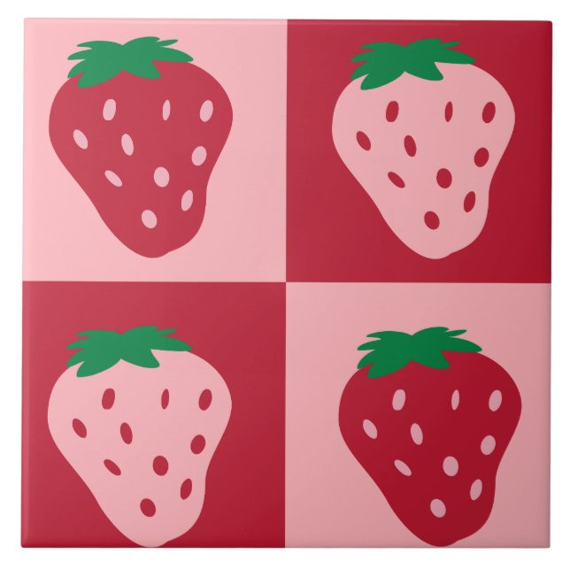 Retro Strawberry Checkerboard Pattern Ceramic Tile (Front)