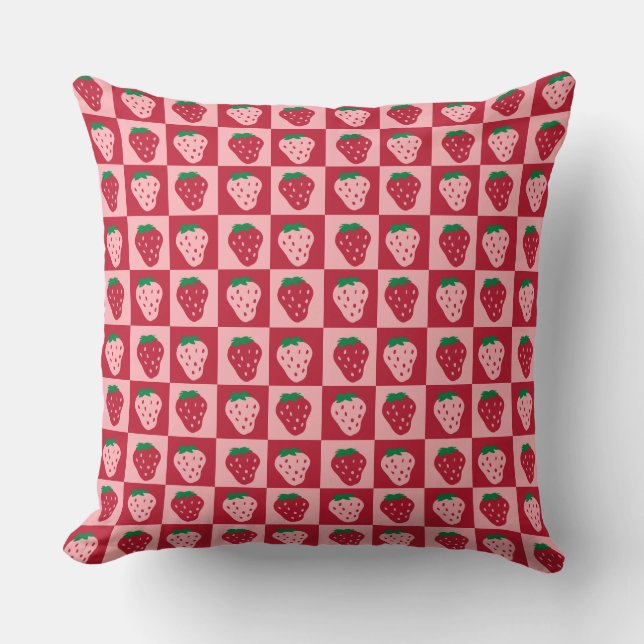 Retro Strawberry Checkerboard Pattern Throw Pillow (Front)