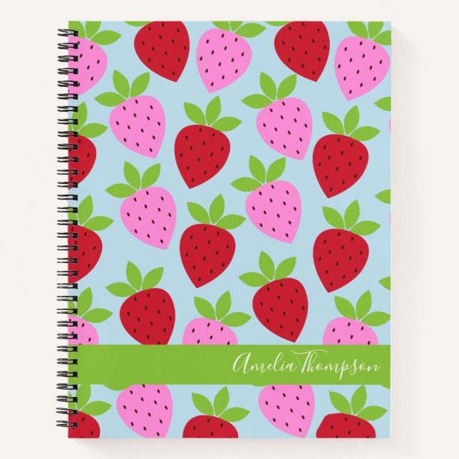 Retro Strawberry Fruit Pattern Blue Personalized  Notebook (Front)