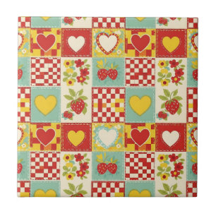 Retro Strawberry Patchwork Floral Pattern Ceramic Tile