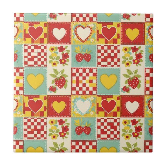Retro Strawberry Patchwork Floral Pattern Ceramic Tile (Front)