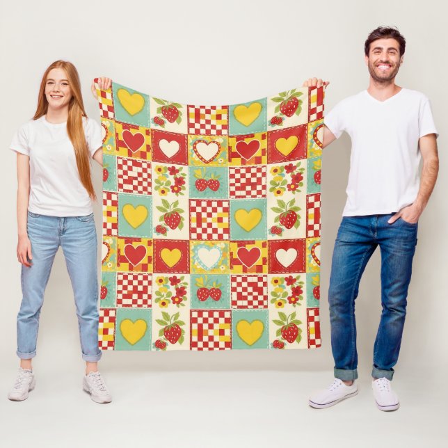 Retro Strawberry Patchwork Floral Pattern Fleece Blanket (In Situ)