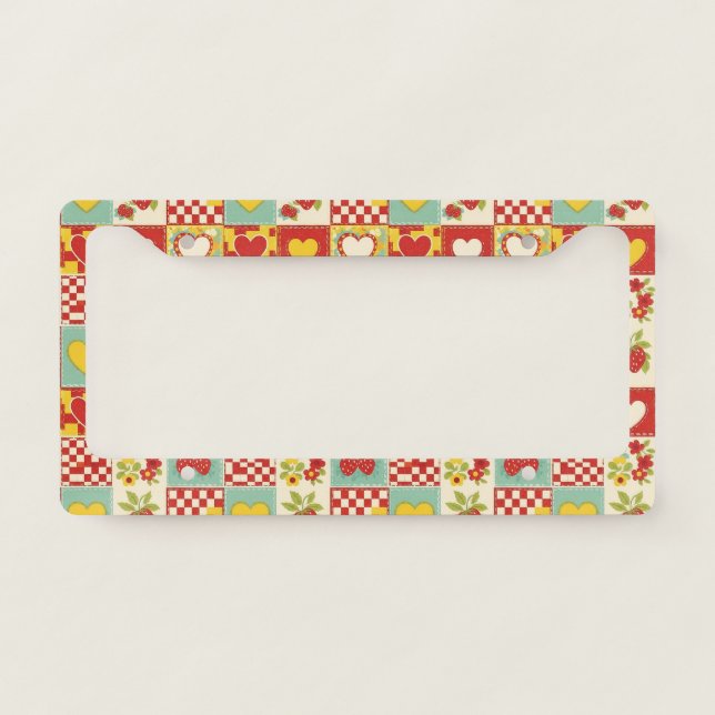 Retro Strawberry Patchwork Floral Pattern License Plate Frame (Front)