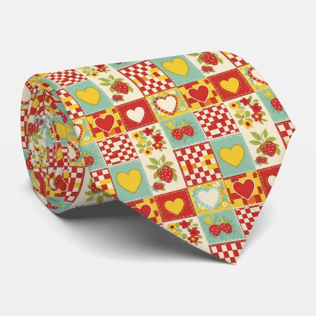 Retro Strawberry Patchwork Floral Pattern Neck Tie (Rolled)