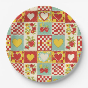 Retro Strawberry Patchwork Floral Pattern Paper Plates