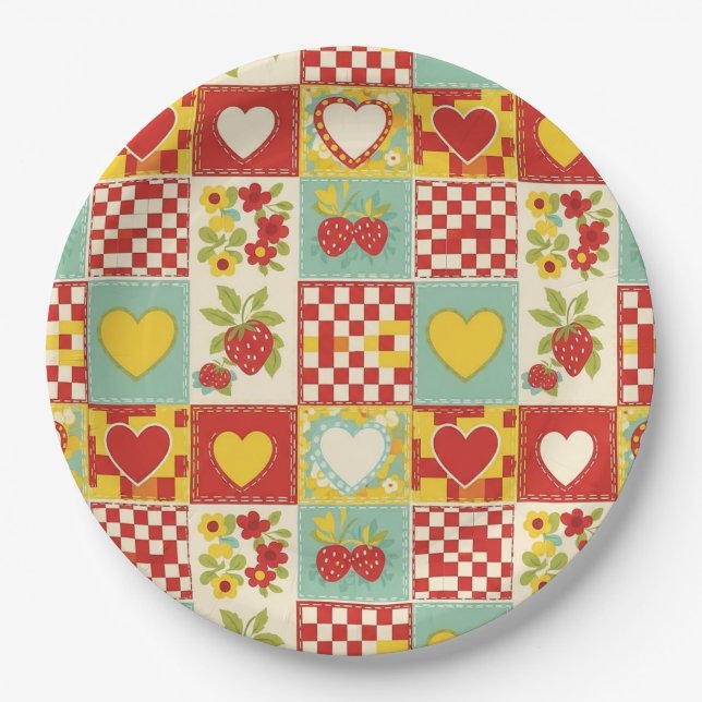 Retro Strawberry Patchwork Floral Pattern Paper Plates (Front)