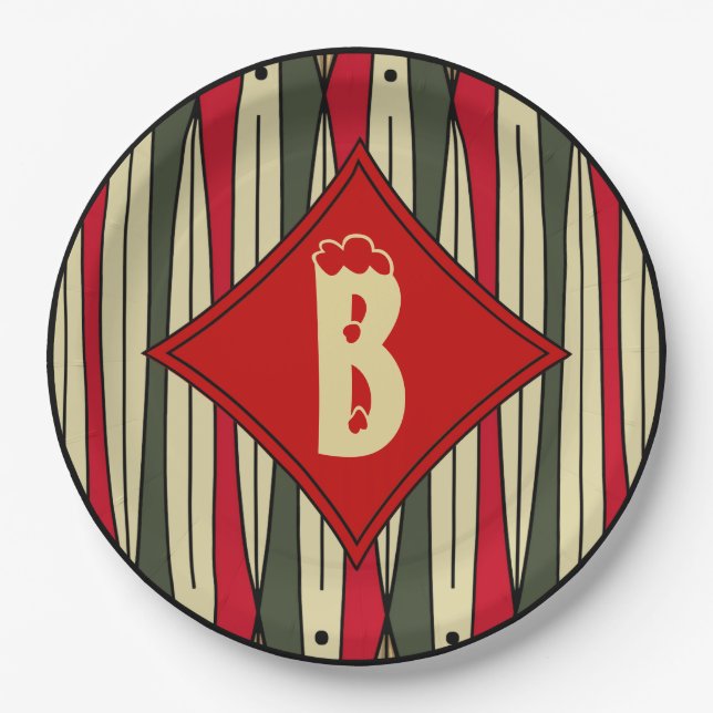 Retro String Art in Christmas Colors Monogrammed Paper Plates (Front)