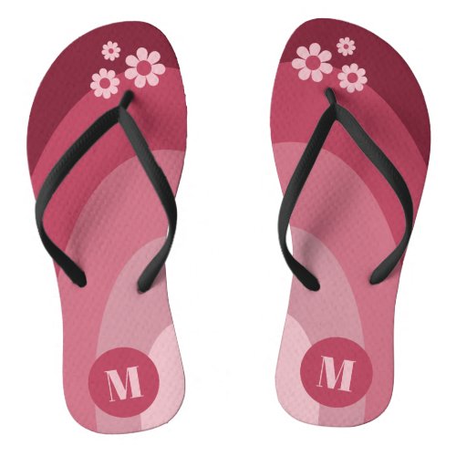 Retro Stripe Arc Simple Daisy Monogram Pink Flip Flops