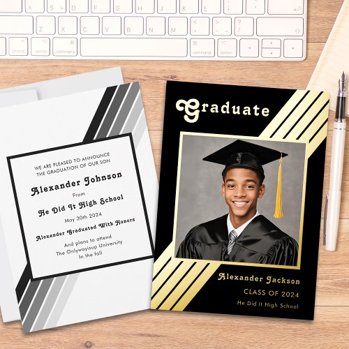 Retro Stripe Grad Photo Black and Gold Graduation Foil Invitation
