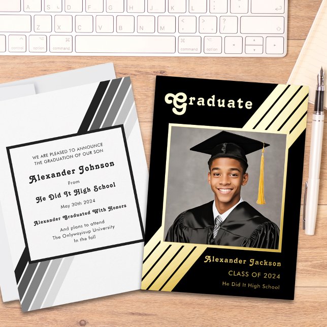 Retro Stripe Grad Photo Black and Gold Graduation Foil Invitation (Retro stripe stylish black and gold grad photo high school graduation announcement )