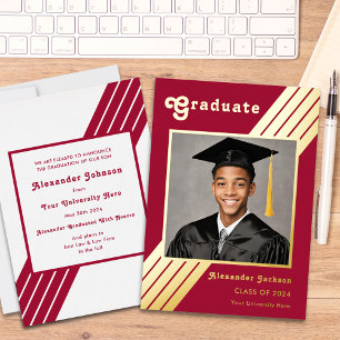 Retro Stripe Grad Photo Burgundy and Gold Foil Invitation