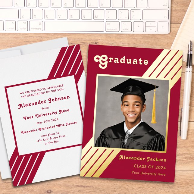 Retro Stripe Grad Photo Burgundy and Gold Foil Invitation (Modern bold grad photo burgundy and gold foil graduate announcement card )