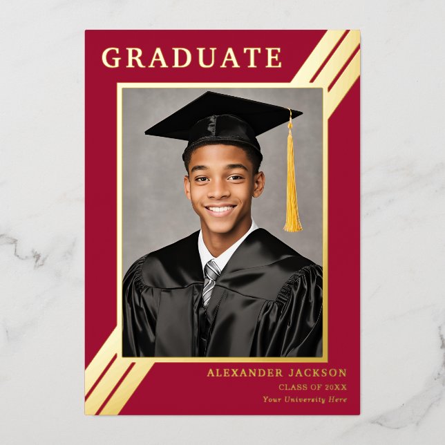 Retro Stripe Grad Photo Burgundy Gold Graduation Foil Invitation (Front)