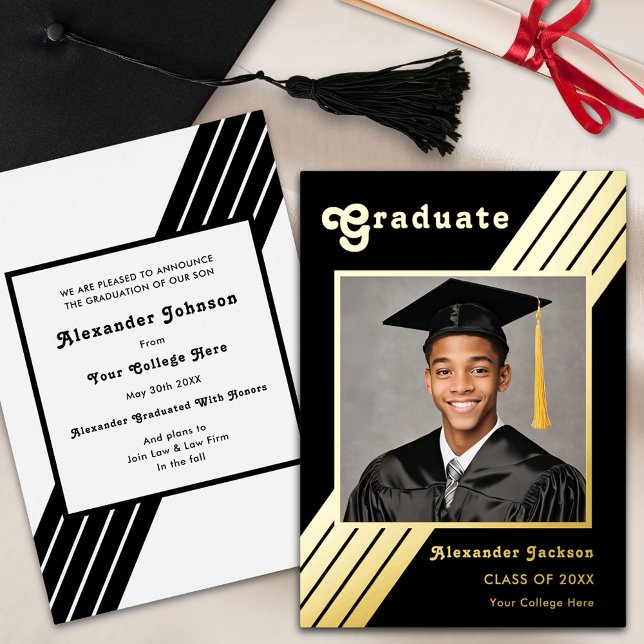 Retro Stripe Graduate Photo Black and Gold Foil Invitation (Retro black and gold foil stripes graduate photo groovy typography Graduation announcement card)