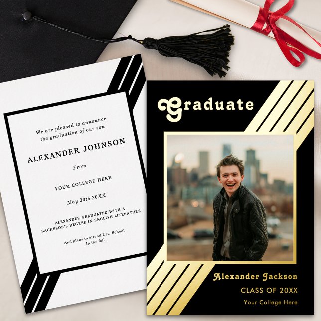 Retro Stripe Graduate Photo Black and Gold Foil Invitation (Retro groovy typography graduate photo black and gold foil bold stripes Graduation announcement card)