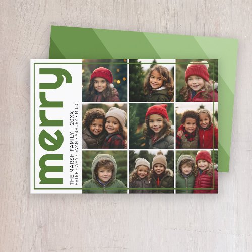 Retro Stripe _ merry _ 9 Photo monochromatic green Holiday Card