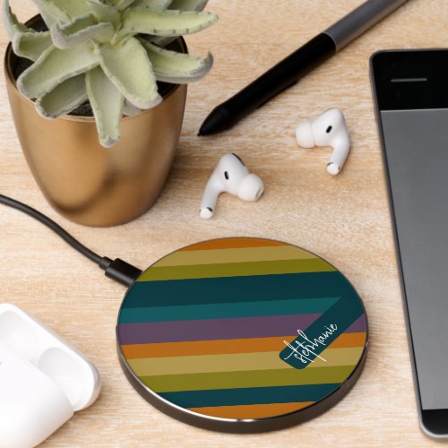 Retro stripe moody sunset rainbow colors script wireless charger 