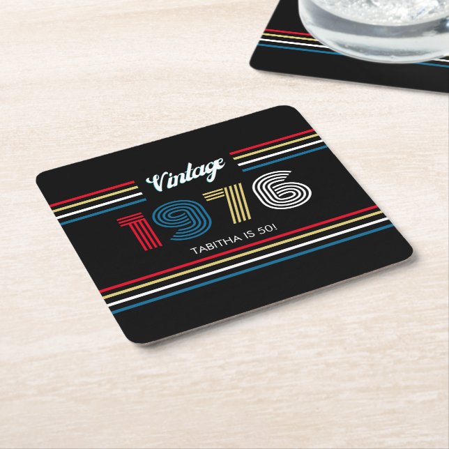 Retro Stripe Numerals Colorful 1976 Paper Coaster (Angled)