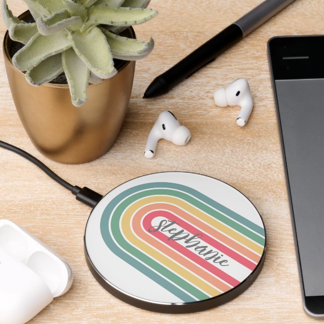 Retro stripe pastel rainbow script name wireless charger  (Desk 2)