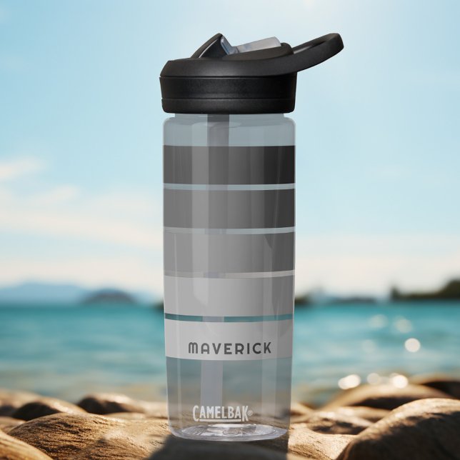 Retro Stripe Pattern Black Grey vintage vibe Water Bottle (Personalized Bottle - Retro Stripe Pattern with Name)