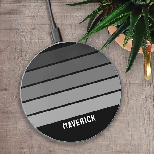 Retro Stripe Pattern Black Grey vintage vibe Wireless Charger