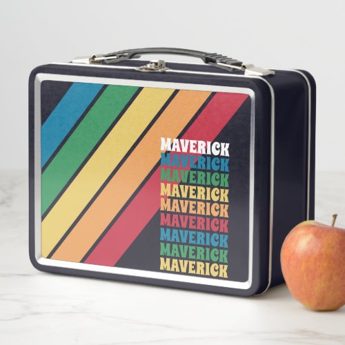 Retro Stripe Pattern _ Rainbow Colors Stacked Name Metal Lunch Box