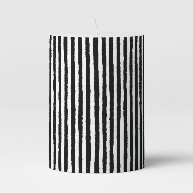 Retro Stripe Pattern Vertical Black and White BW Pillar Candle (Front)