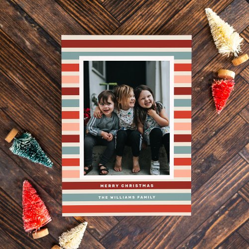 Retro Stripe Photo Christmas  Holiday Card
