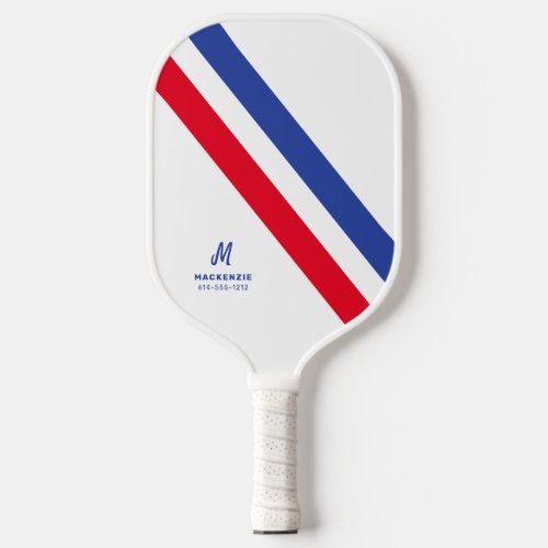 Retro Stripe Red White and Blue Monogrammed Pickleball Paddle