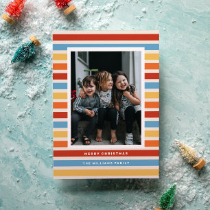 Retro Stripe Red, Yellow and Blue Photo Christmas Holiday Card