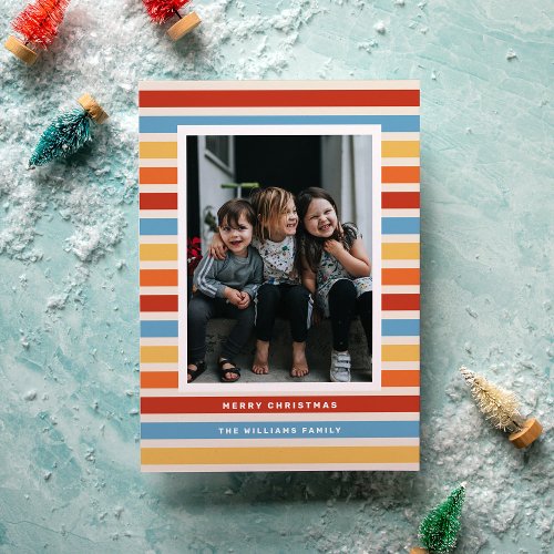 Retro Stripe Red Yellow and Blue Photo Christmas  Holiday Card