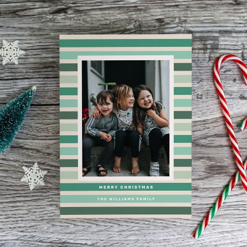 Retro Stripe Shades of Green Photo Christmas  Holiday Card