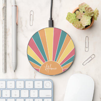 Retro stripe sunrise pastel rainbow colors script wireless charger 