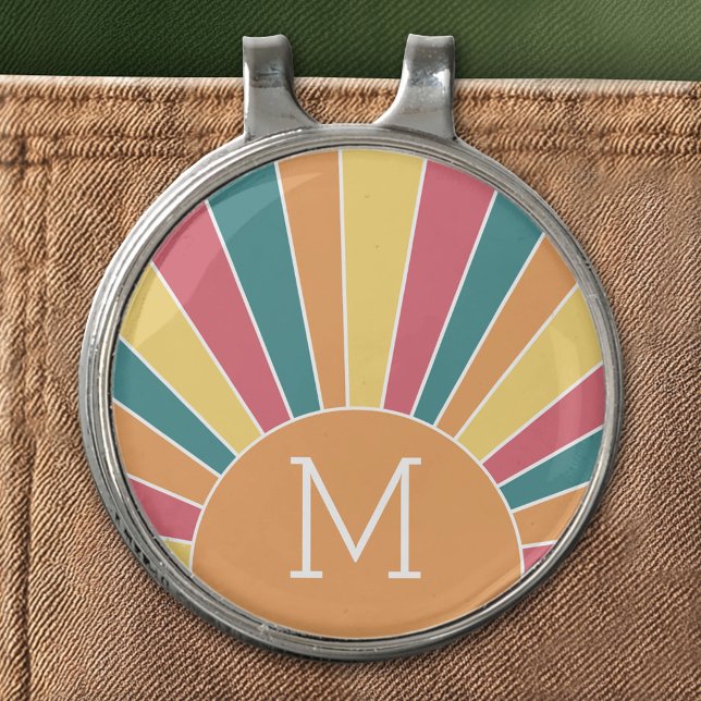 Retro stripe sunrise - pastel rainbow - monogram golf hat clip (Custom Golf Hat Clip)
