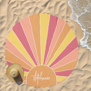 Retro stripe sunrise - pastel rainbow script name beach towel