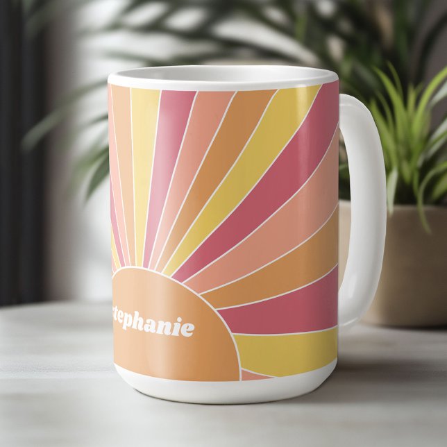 Retro stripe sunrise - pastel rainbow script name coffee mug (Custom Mug - Personalize with Your Name or Initials)