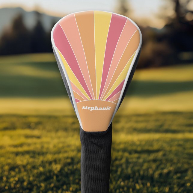 Retro stripe sunrise - pastel rainbow script name golf head cover (Personalized Golf Head Cover)
