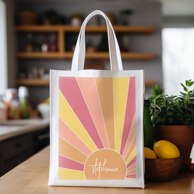 Retro stripe sunrise - pastel rainbow script name grocery bag (Custom Grocery Tote)