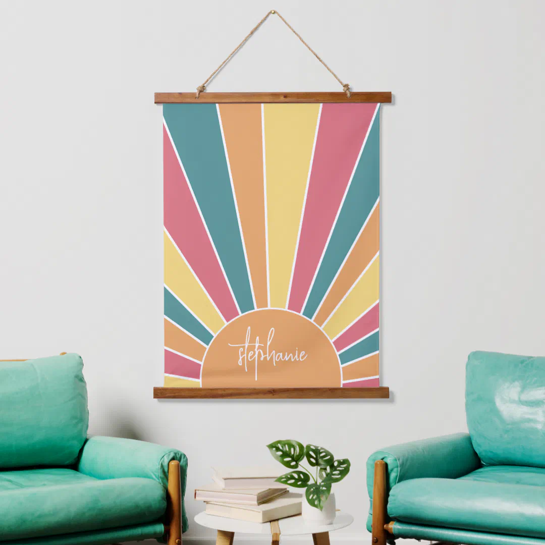 Retro stripe sunrise - pastel rainbow script name hanging tapestry
